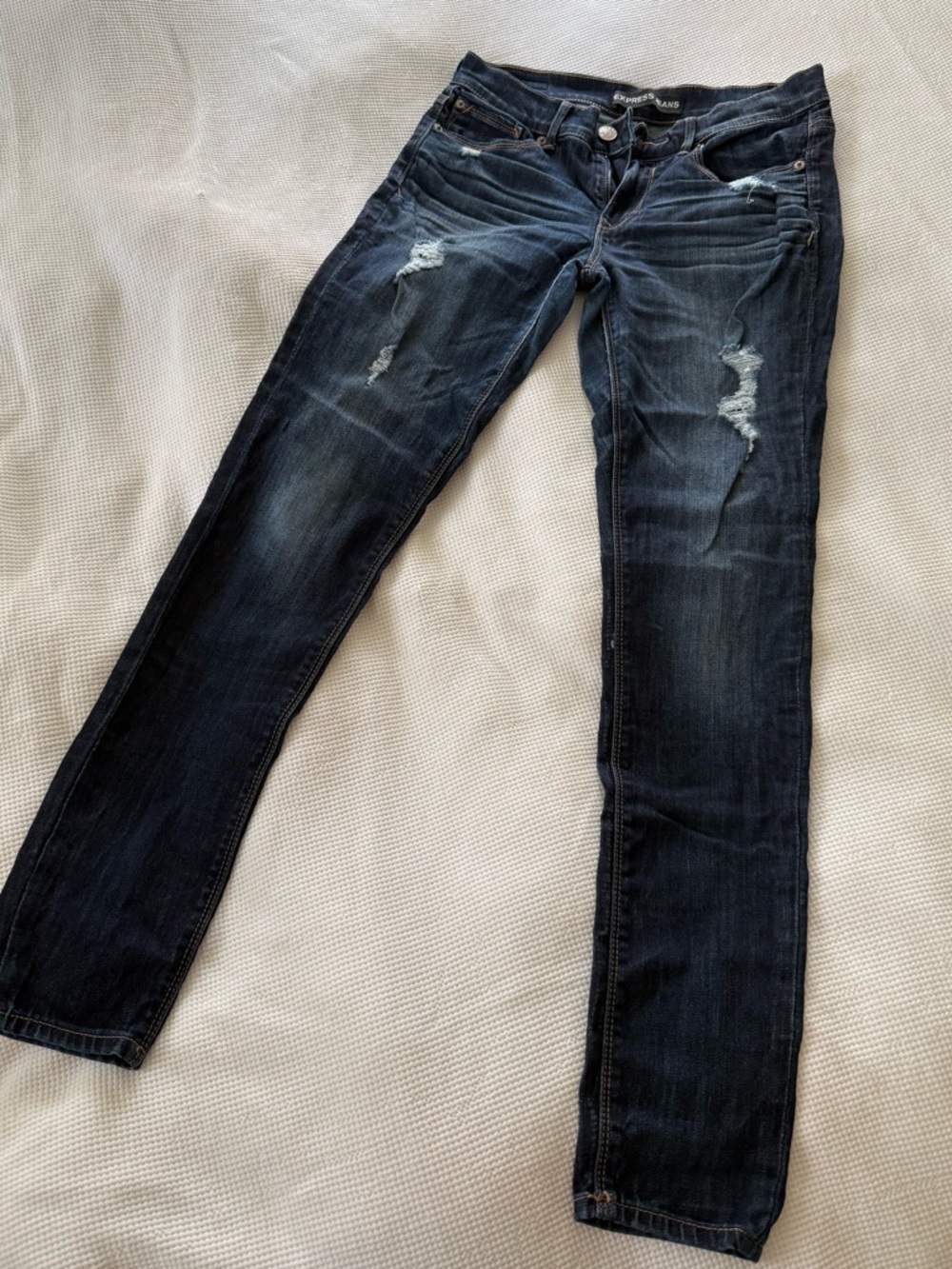 Express Dark Blue Distressed Women's Mid-Rise Jeggings